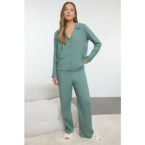 Trendyol Green Solid Shally Woven Pajama Set