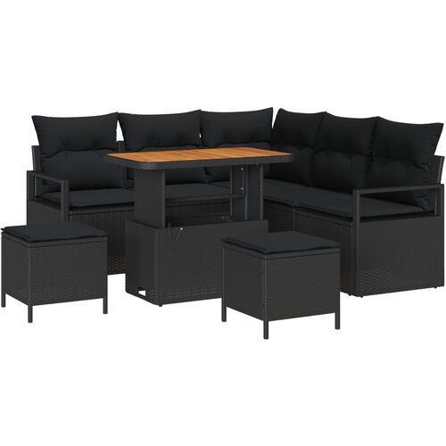 VidaXL 8-dijelni vrtni set sofe s jastučićima crni poli ratan akacija, 2-sjedala vrtna sofa s pohranom i jastučićima crni poli ratan, 3-dijelni vrtni set za obedovanje s jastučićima crni poli ratan akacija Slike