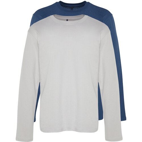 Trendyol Grey-Indigo Men 2-Pack 100% Cotton Long Sleeve Regular/Regular Cut Basic T-Shirt. Slike