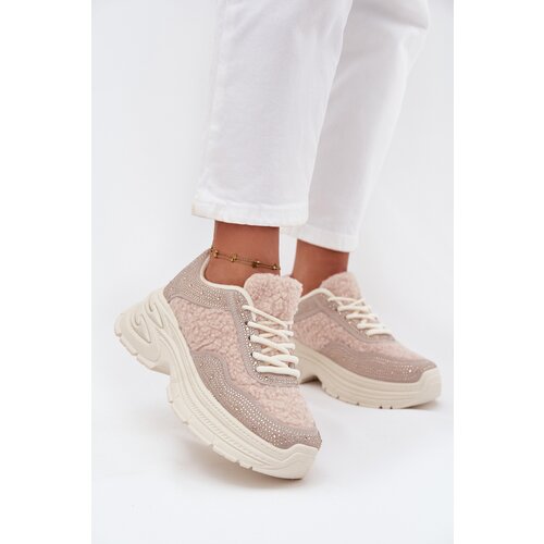 Boto Women&amp;#039;s Sneakers With Rhinestones And Sheepskin Light Beige Zarika Slike