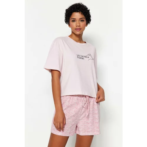 Trendyol Powder Striped Slogan Printed Cotton T-shirt-Shorts Knitted Pajama Set