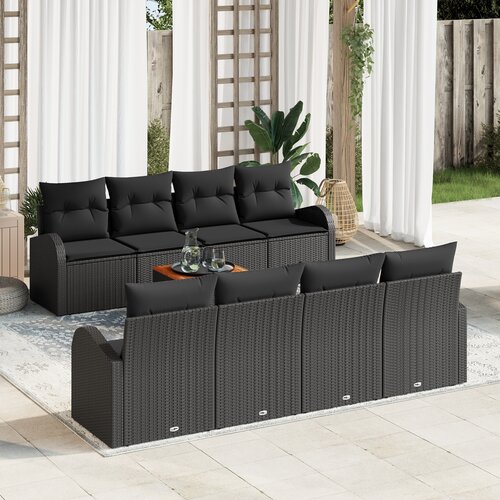 vidaXL set vrtnih sofa od 9 komada s jastučićima crni poli ratan akacija, dvosed vrtna sofa s odjeljkom i jastučićima crni poli ratan Cene