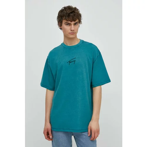 Tommy Jeans Bombažna kratka majica moška, turkizna barva, DM0DM18663