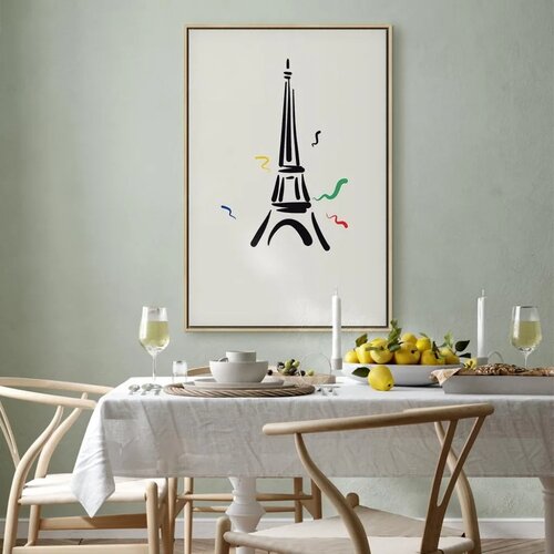  Slika - Black Graphic Drawing of the Eiffel Tower on a Cream Background 60x90 U prirodnom drvenom okviru Slike