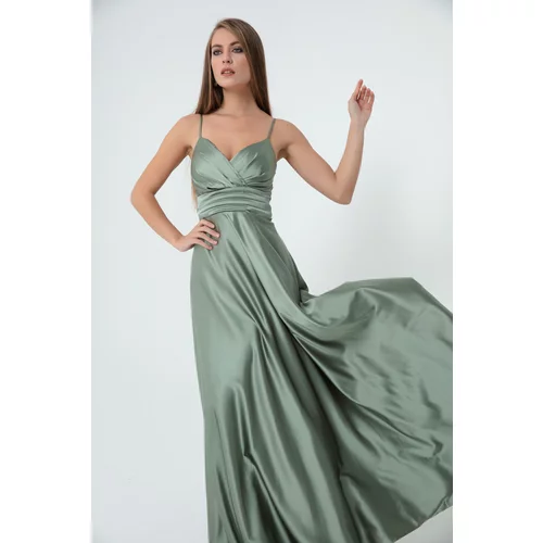 Lafaba Women's Mint, Green Long Satin Evening Dress & Prom Dress with Thread Straps and Waist Belt