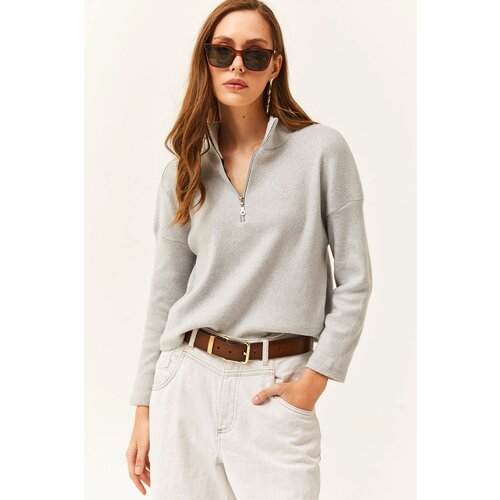 Olalook Women&amp;#039;s Light Gray Zipper High Neck Raised Sweater Slike