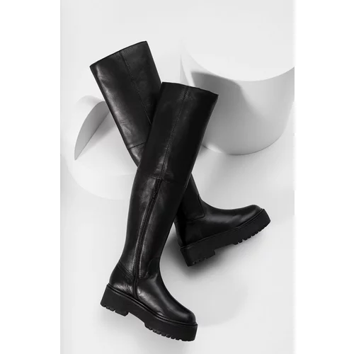 Answear Lab Usnjeni elegantni škornji ženski, črna barva,