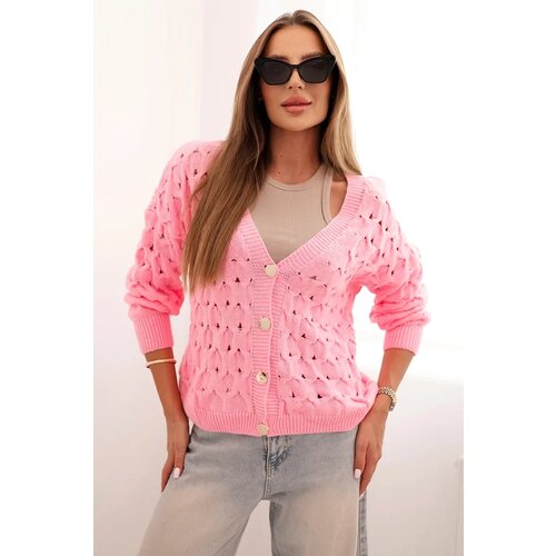 Kesi Włoski Women&amp;#039;s openwork sweater with a V-neck and golden buttons light pink Slike