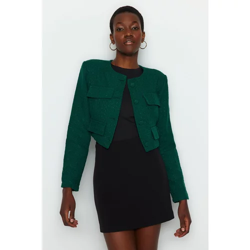 Trendyol Emerald Green Tweed Crop Woven Jacket