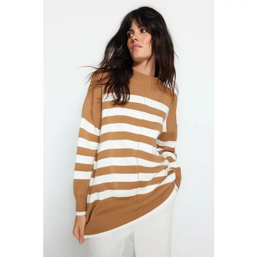 Trendyol Camel Ecru Striped Stitch Detailed Knitwear Sweater