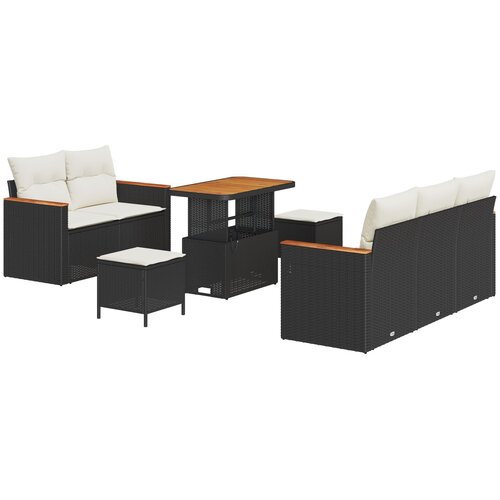 VidaXL 8 komada vrtna sofa set s jastučićima crna poli ratan akacija, 3 komada vrtni set za blagovanje s jastučićima crna poli ratan akacija Slike