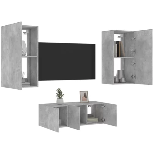  4-dijelni zidni TV elementi s LED svjetlima boja betona drveni