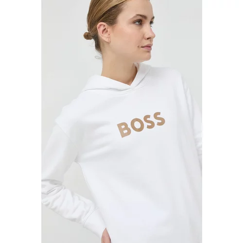 Boss Bombažen pulover ženski, bela barva s kapuco