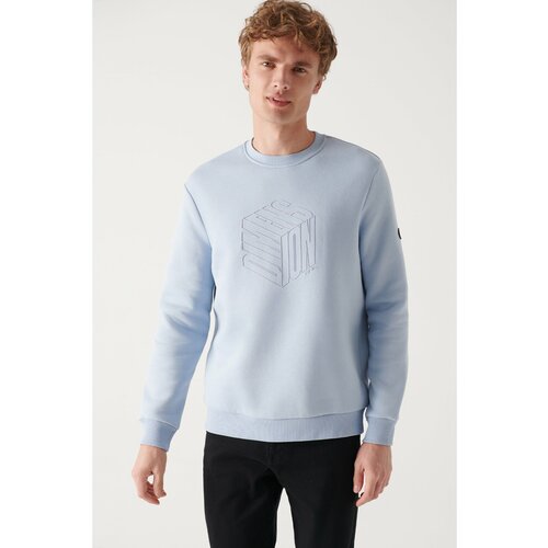 Avva Men's Light Blue Crew Neck 3 Thread Fleece Inside Printed Standard Fit Regular Cut Sweatshirt Slike