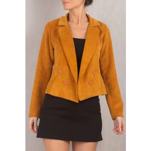 armonika Women's Mustard Double Breasted Collar Velvet Crop Jacket