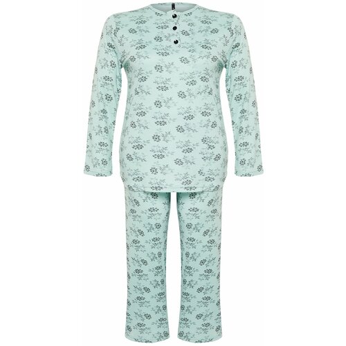 Trendyol Curve Mint Buttoned Floral Pattern Knitted Pajamas Set Slike