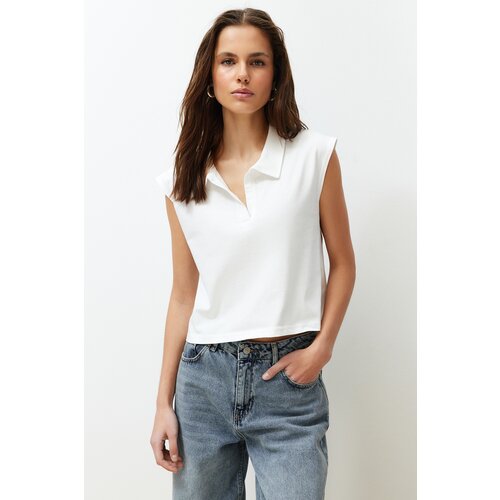 Trendyol Ecru 100% Cotton Polo Collar Regular/Normal Fit Knitted T-Shirt Slike