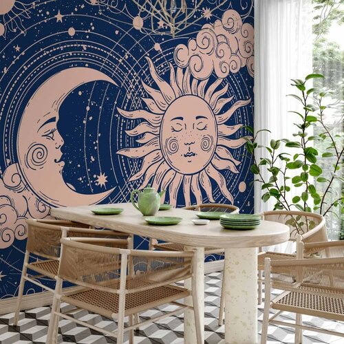  Foto tapeta - Cosmic Harmony - Illustration of the Sun and Moon on a Navy Background 200x140 Vodootporna Slike