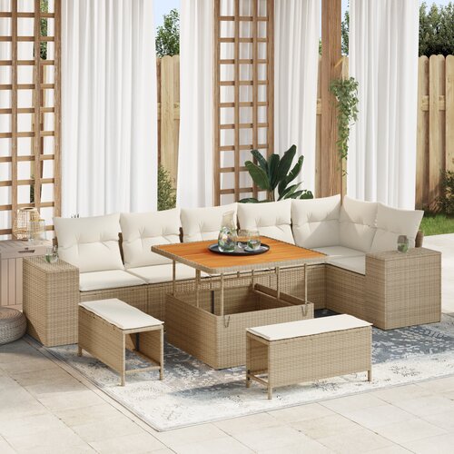 vidaXL 9-delni vrtni sofa set z blazinami Bež Poli ratan Akacija Cene