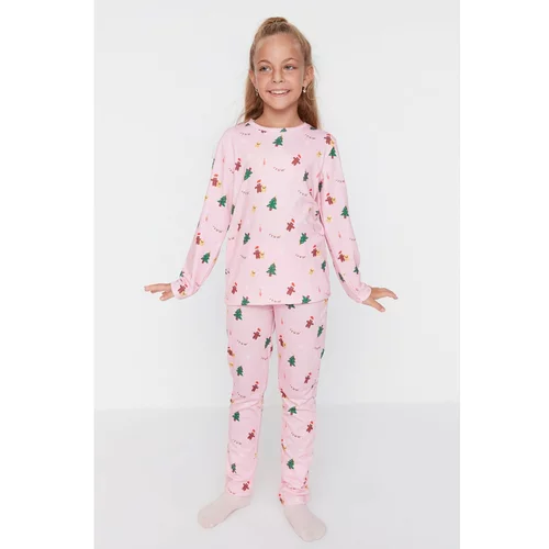Trendyol Pink Printed Girls Knitted Pajamas Set