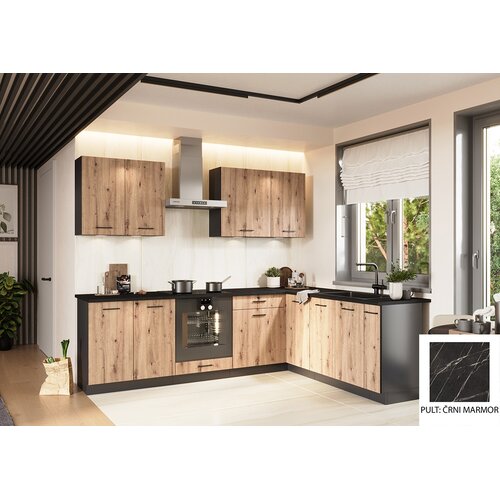 Stolkar KOTNI KUHINJSKI SESTAV ANIKA 200 X 260 CM - ARTISAN HRAST-Črni marmor Slike