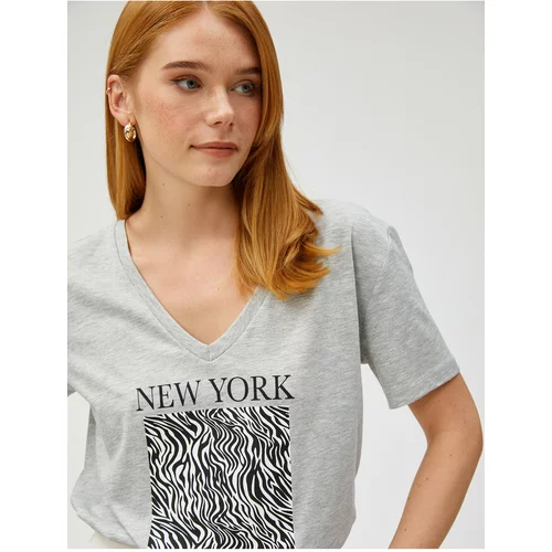 Koton Short Sleeve T-Shirt Zebra Printed V-Neck
