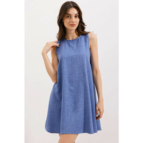 Bigdart 2444 Detailed Mini Linen Dress - Blue Cene