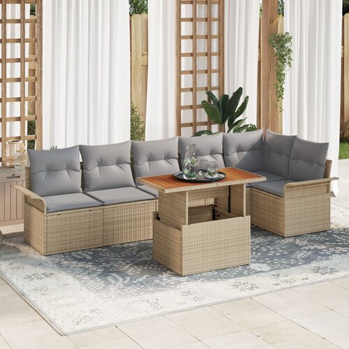 VidaXL 7-delni vrtni jedilni set z blazinami Bež Poli Rattan Acacia Slike