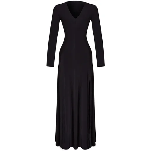 Trendyol Limited Edition Black V-Neck Skater/Waist Opening Stretchy Maxi Knitted Dress