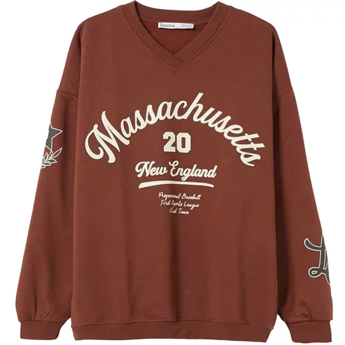 Bershka Sweater majica bež / ciglasto crvena
