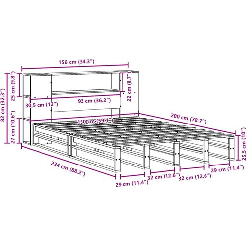 VidaXL Krevet s regalom za knjige bez madraca 150x200 cm masivno drvo Slike