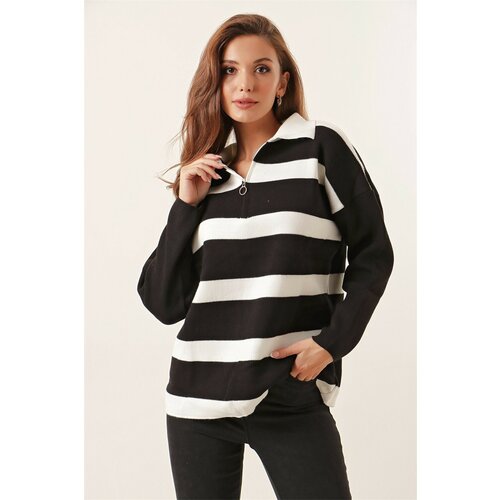 By Saygı Striped Zipper Acrylic Sweater Black Cene