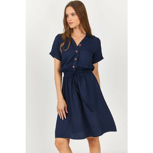 armonika Women's Navy Blue Short Sleeve Shirt Dress with Elastic Waist Cene