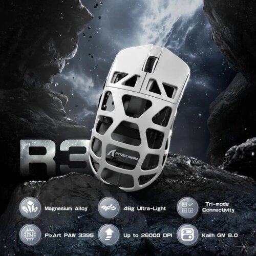 Attack Shark bežični gaming mi&amp;scaron; R3 PAW3395/Magnesium/Superlight/8KHz pooling/white Slike