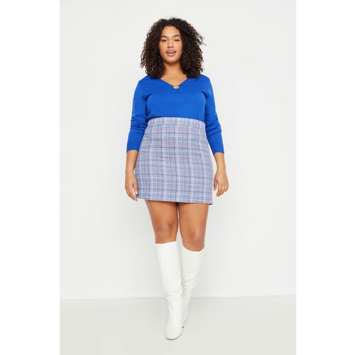 Trendyol Curve Blue Plaid Chenille Woven Skirt Slike