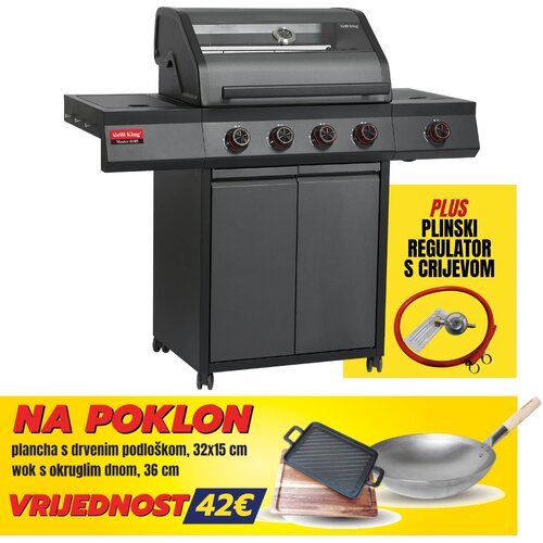 Grill King Master 0105 plinski roštilj s 5 plamenika, posudom za hranu i staklenim poklopcem + plinski regulator s crijevom + GRATIS wok i plancha Cene