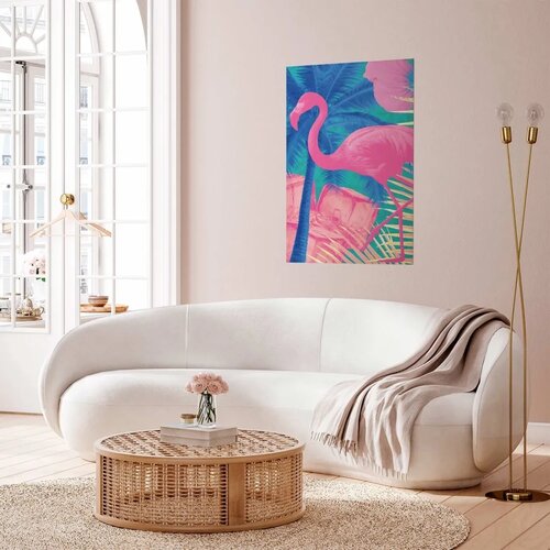  Plakat - Pink Flamingo - abstract flamingo against a background of palm trees and ice cubes 60x90 Bez okvira Slike