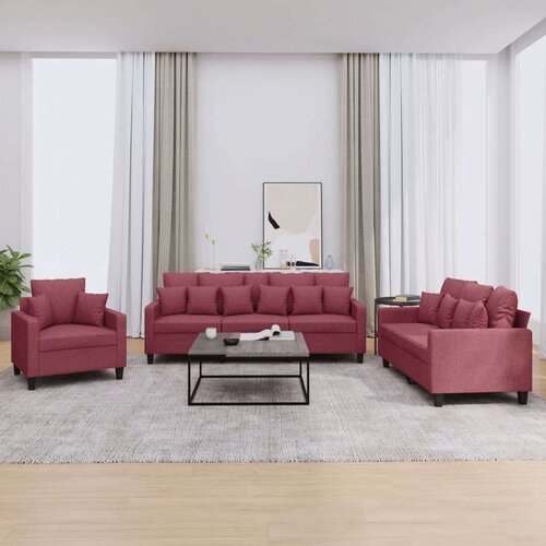  3-dijelni set sofa s jastucima crvena boja vina od tkanine Slike