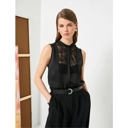 Koton Satin Shirt Grand Collar Laced Sleeveless