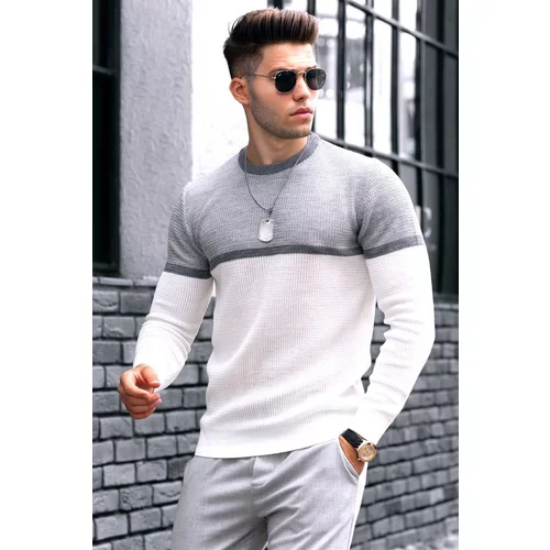 Madmext White Color Block Men's Sweater 4734