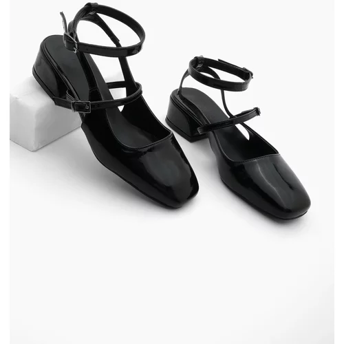Marjin Women's Flat Toe Open Back Classic Heeled Shoes Hanse Black Patent Leather