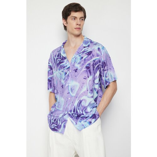 Trendyol Men's Purple Oversize Fit Abstract Patterned Shirt Cene