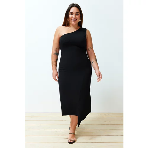 Trendyol Curve Black Single Shoulder Asymmetrical Knitted Dress
