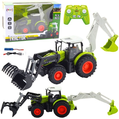 Traktor na daljinsko upravljanje s žlicom i grabilicom - zeleni Slike