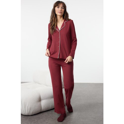 Trendyol Burgundy Piping Detailed Knitted Pajama Set Slike