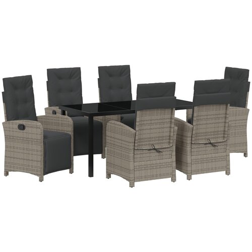 VidaXL 7-delna zunanja jedilna garnitura z blazinami siva poli ratan, vrtna miza črna 160x80x73 cm kaljeno steklo Slike