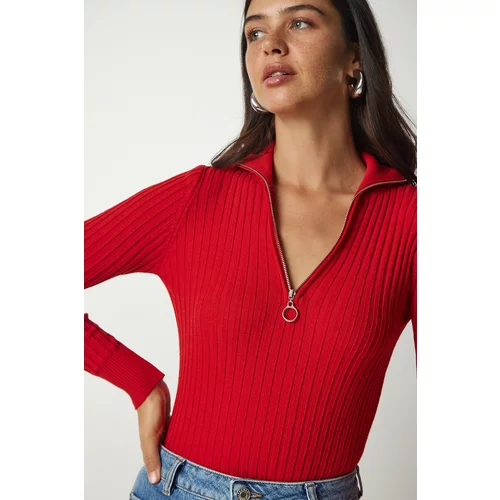 Happiness İstanbul Women's Red Zipper Stand Up Collar Corduroy Knitwear Blouse