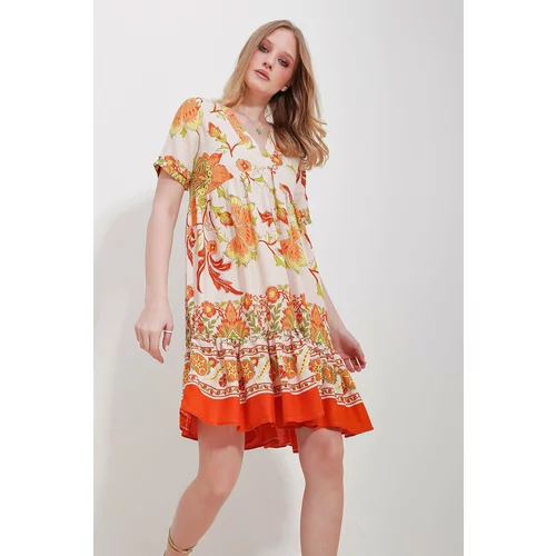 Trend Alaçatı Stili Women's Beige V-Neck Skirt Flounce Viscose Dress