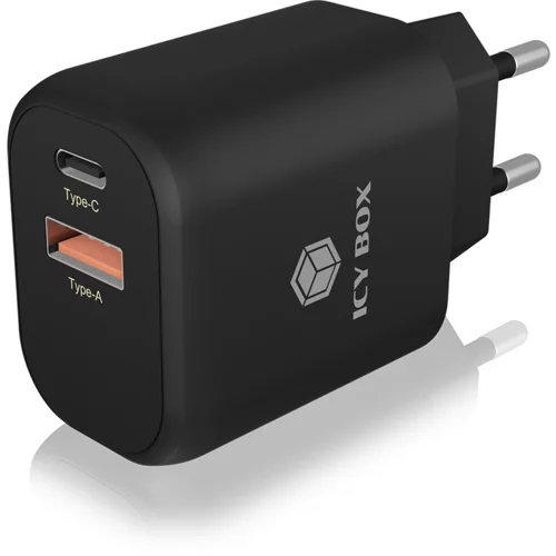 Icybox 2portni USB Quick Charge 3.0 hitri polnilnik, 1xUSB-C, 1xUSB-A