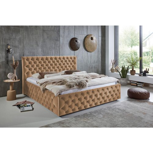 Home24 OBLAZINJENA POSTELJA 200 cm x 140 cm , tekstil svetlo rjava Slike